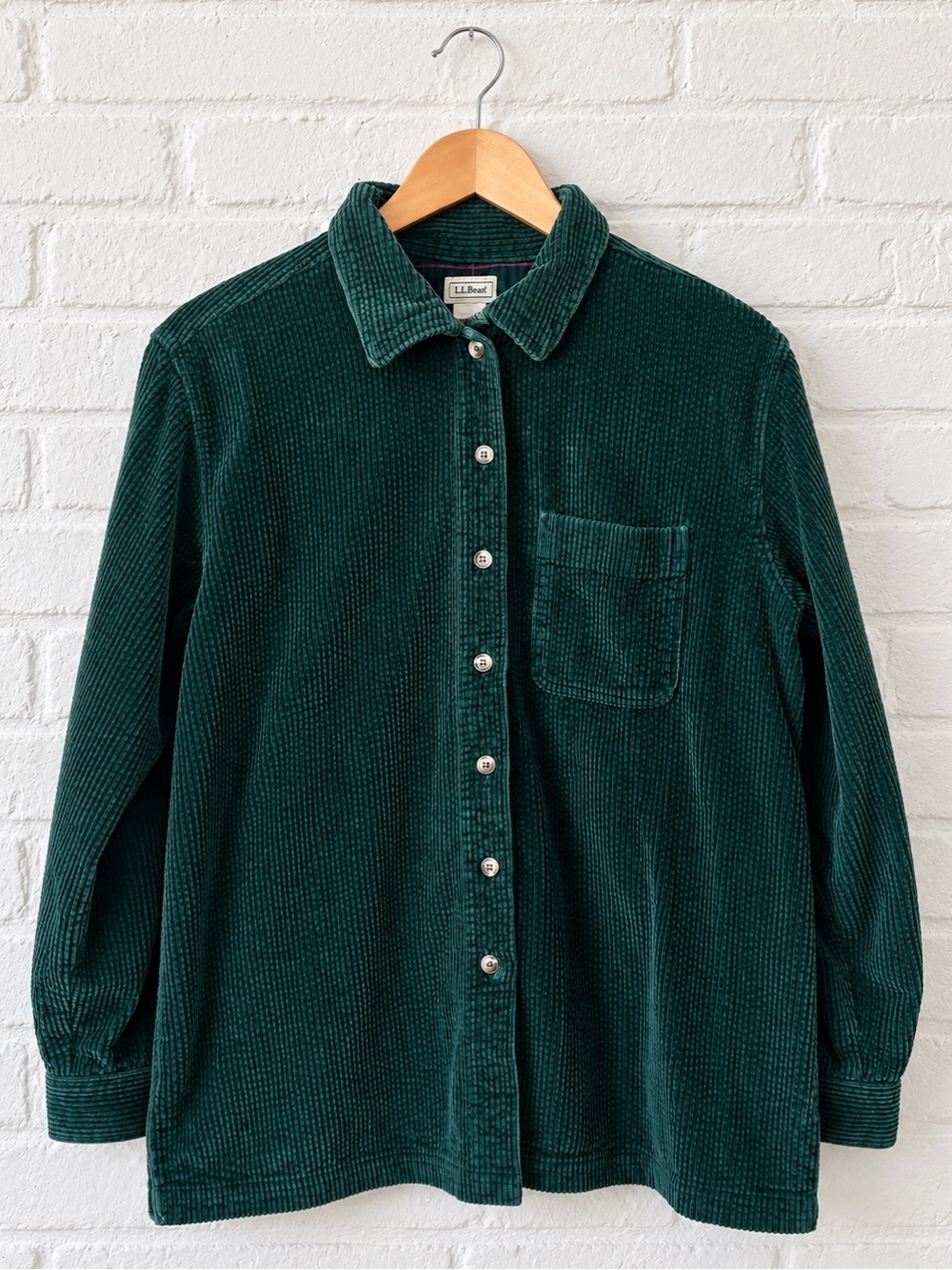 L.L. Bean Women’s Flannel-Lined Comfort Corduroy Shirt in Dark Green, Size M